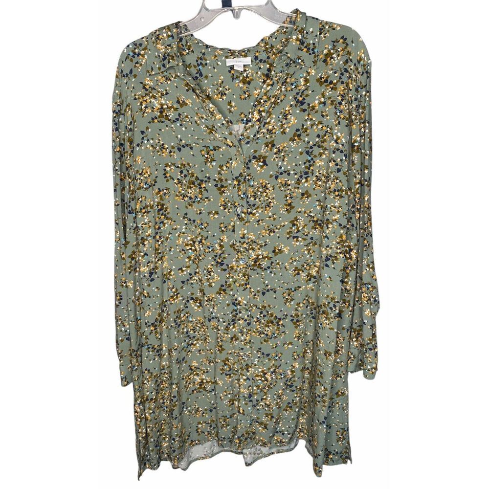 J Jill Blouse women's size XL green floral button down Long Sleeve Tunic Top